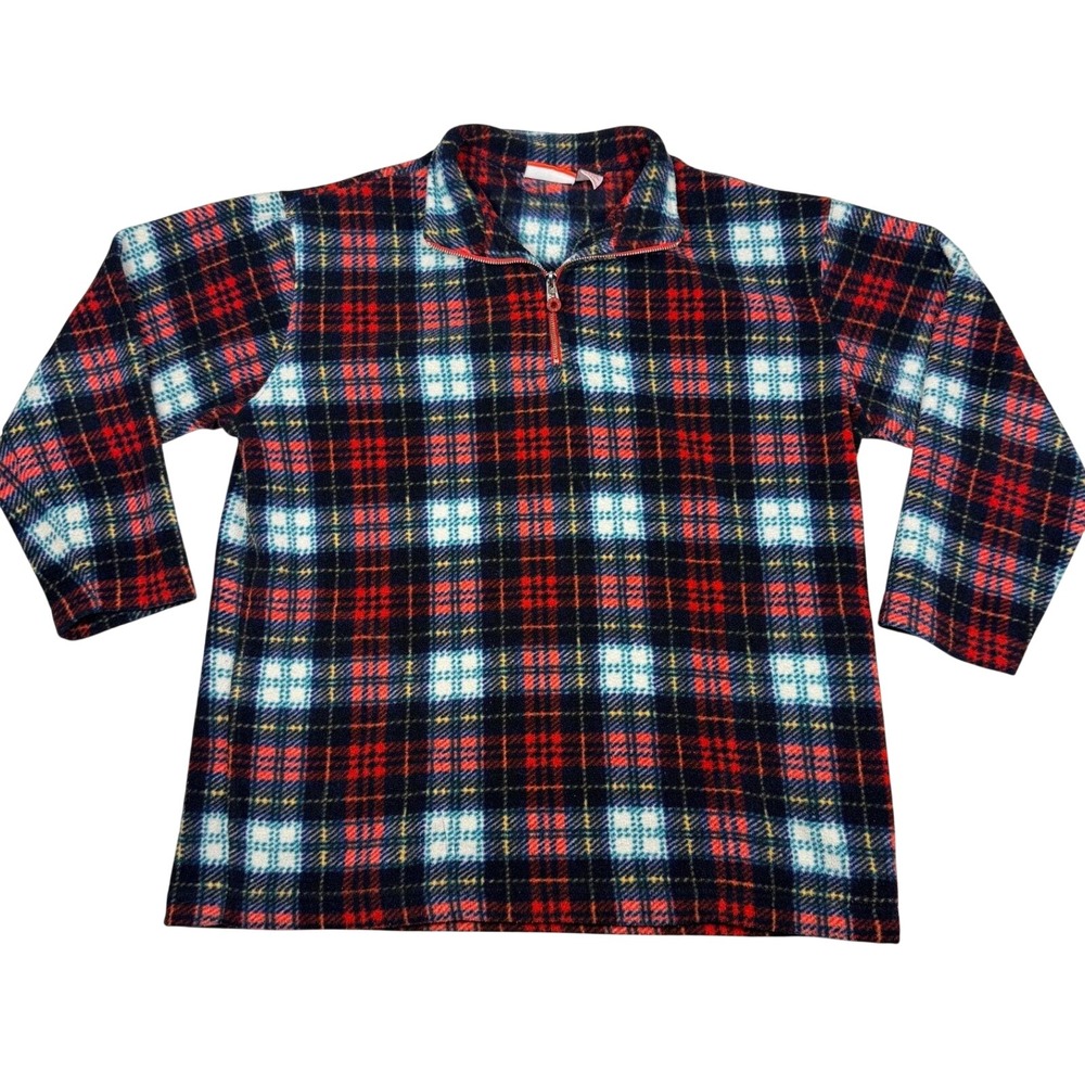 Vintage Liz Claiborne Plaid Fleece Quarter Zip Pullover‎ Size M Cabin Cozy